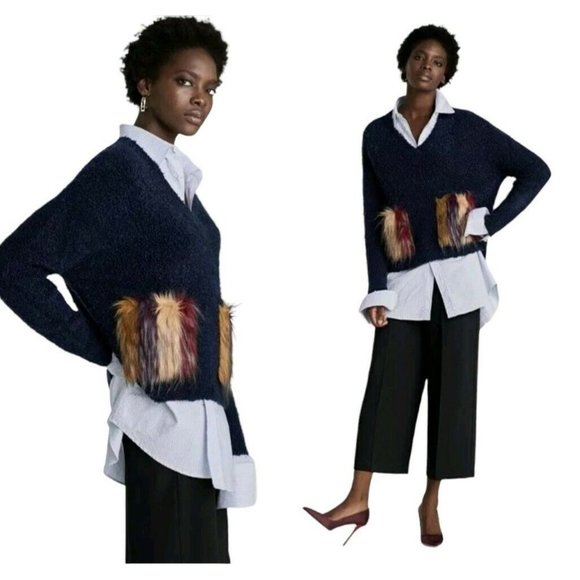 Zara Sweaters - Zara Knit Dark Blue Vneck Sweater Fuzzy Pockets Wool Mohair Blend Size Small